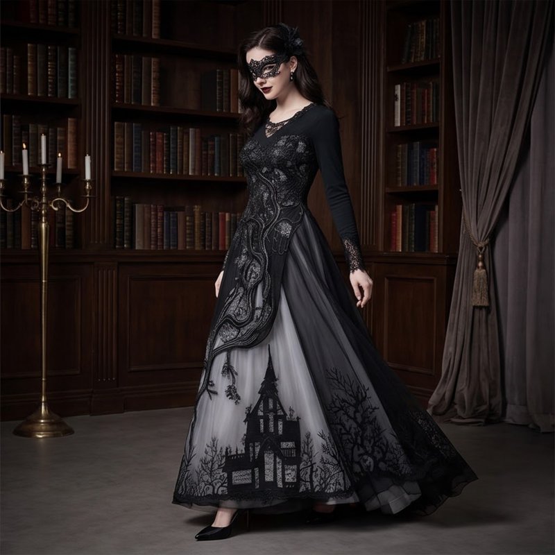 Women's Gothic Halloween Maxi Dress - Gray 2XL Thorn Pattern Lace Chiffon Costume