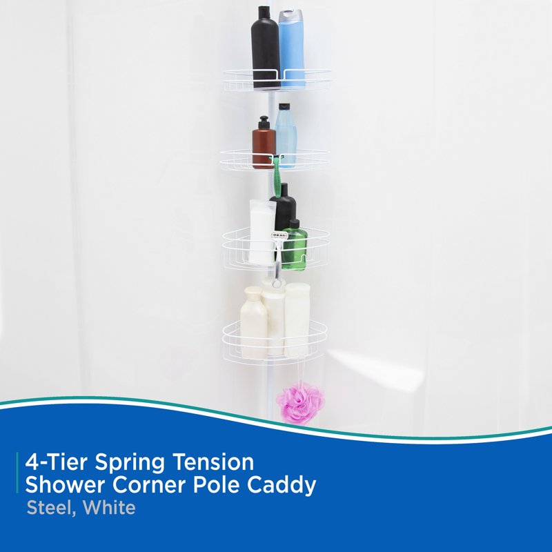 Kenney 4-Tier Spring Tension Shower Corner Caddy with Razor Holder - White