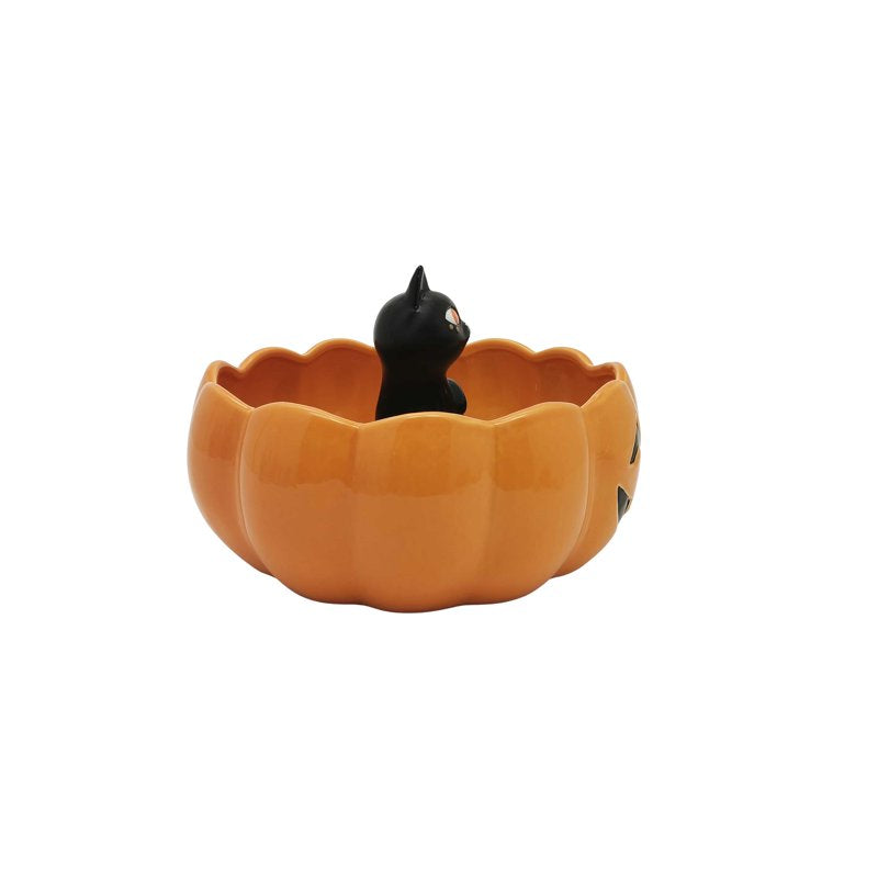 Halloween Ceramic Pumpkin Bowl with Black Cat Figurine