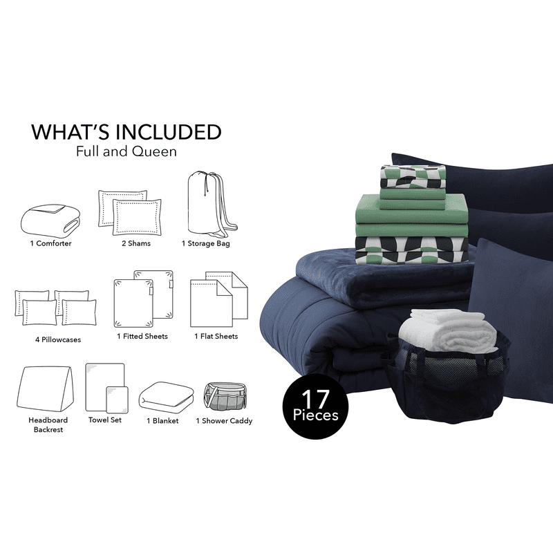 Queen Reversible Bed in a Bag Comforter Set for Dorms - Navy, 17 Pieces