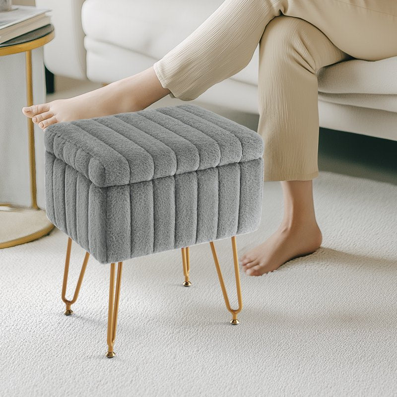 Vanity Stool Chair with Storage - Grey Faux Fur Seat