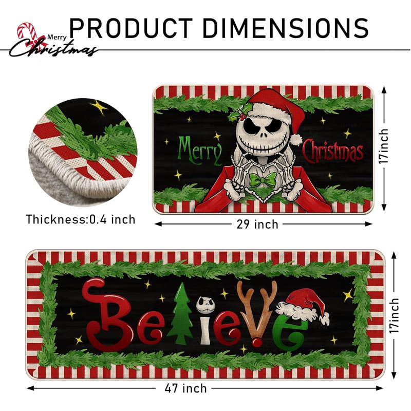 Christmas Believe Kitchen Rugs Set of 2 - Holiday Jack & Santa Door Mats