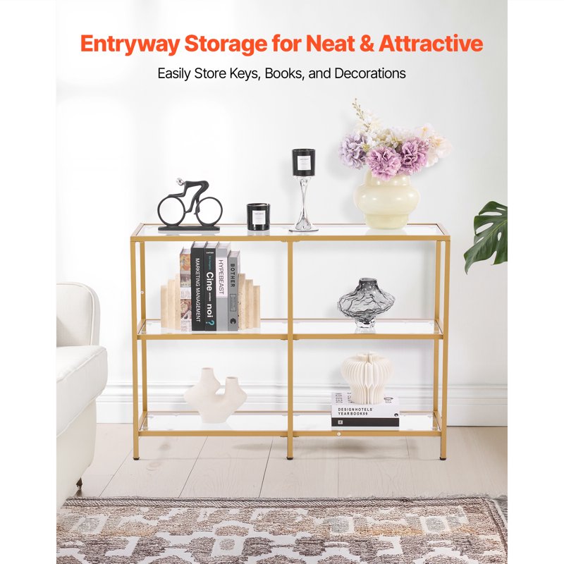 Modern 3-Tier Glass Console Table with Iron Frame - Gold Finish