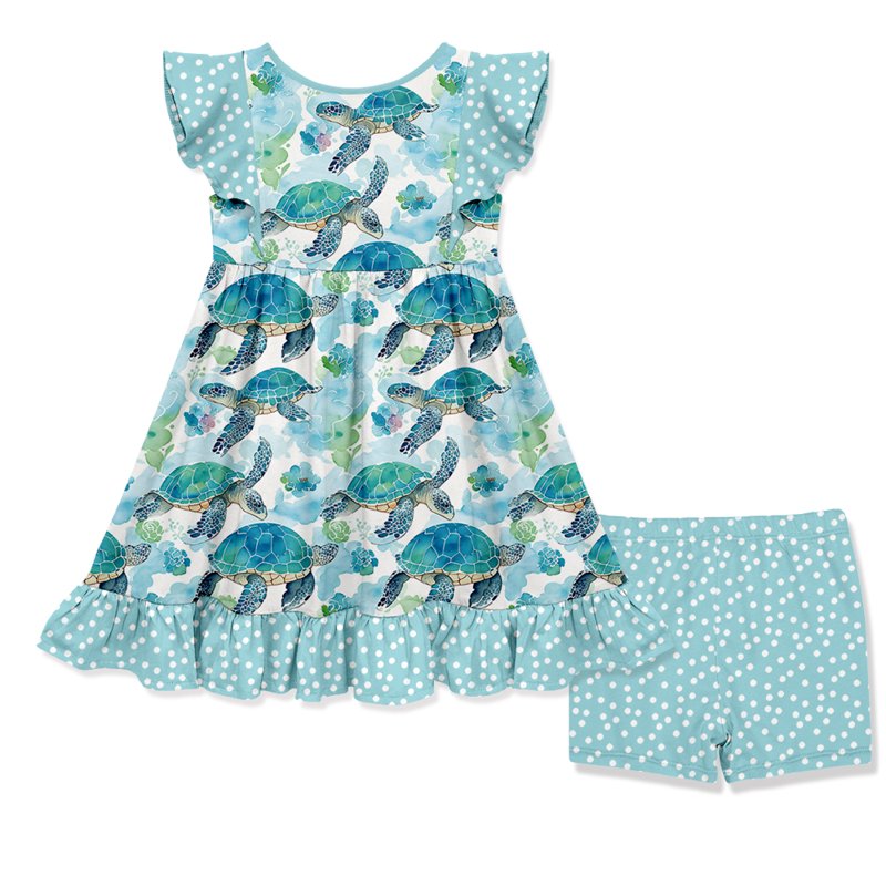 Girls Mint Turtle Angel Sleeve Dress & Shorts Set - 3T Toddler