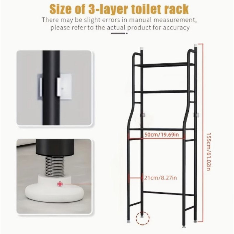Black 3-Tier Over The Toilet Bathroom Storage Shelf with Hooks & Paper Holder