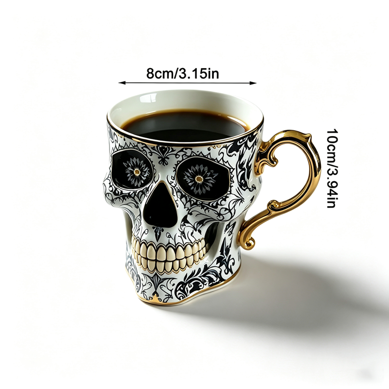 Free Size Gothic Skull Coffee Mug with Gold Trim and Saucer - Halloween Gift for Coffee Lovers