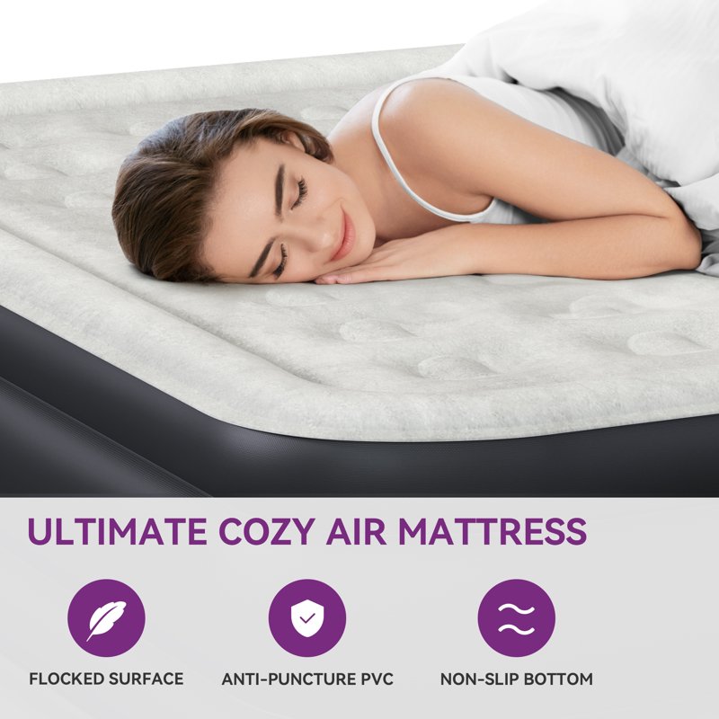 Queen Size Inflatable Air Mattress with Headboard & Built-In Pump - Gray-Style2