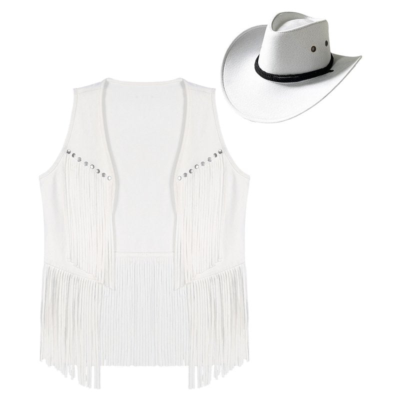Men's Western Cowboy Costume Set with Tassel Vest and Wide Brim Hat - White, XXL