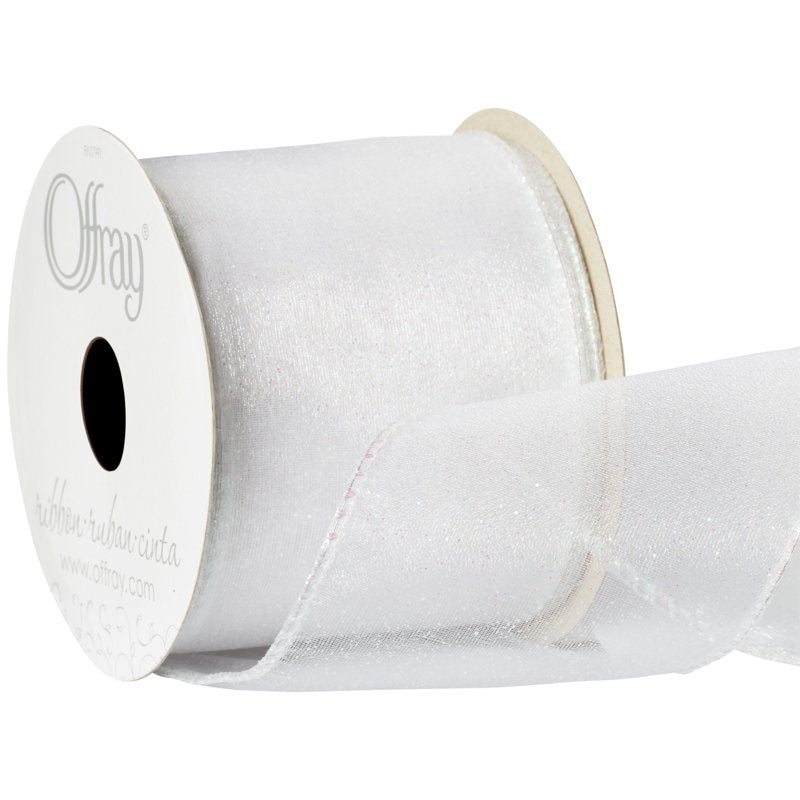 (2 Pack) Offray White 2.5 Inch Wired Edge Sheer Metallic Ribbon - 9 Feet for Weddings & Crafts