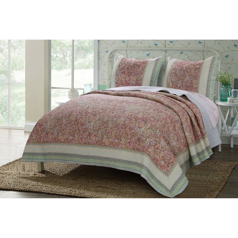 Reversible Quilt Set - Contemporary Floral Twin/Twin XL Bedding with Sham - Blue & Green