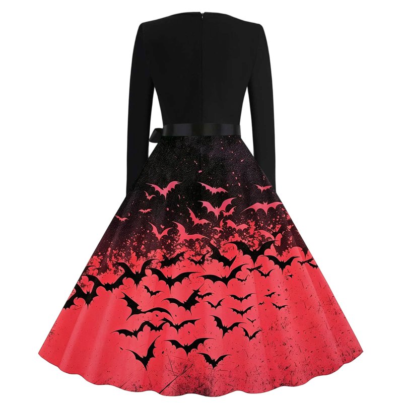 Women's Vintage Halloween Bat Print Swing Dress S - Red, 1950s Retro Gothic Midi