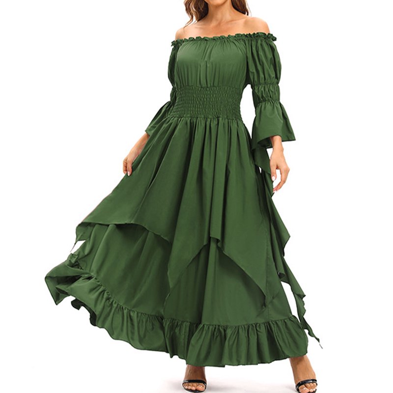 Women's Spring/Summer Renaissance Dress Green S Long Sleeve Round Neck Casual Outfit
