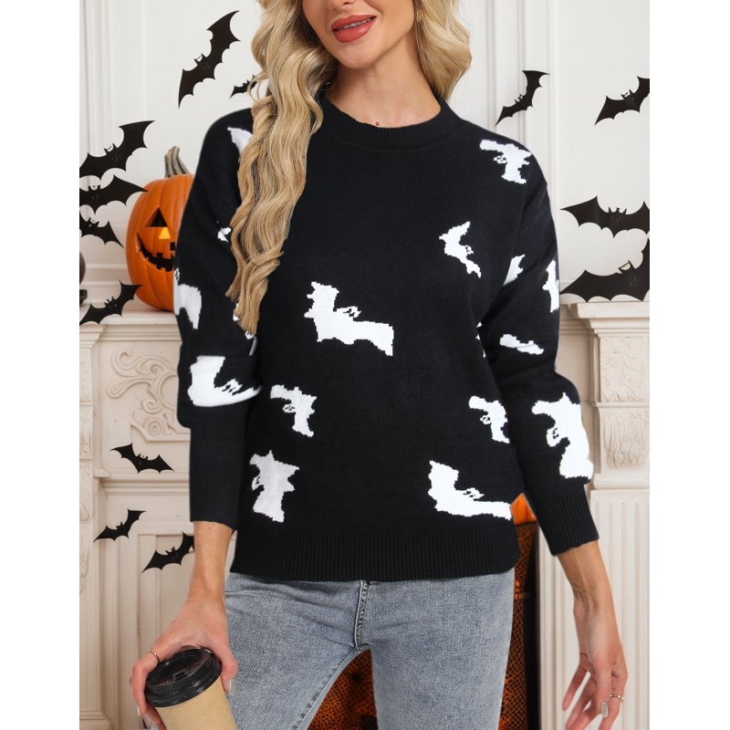 Halloween Bat Pattern Pullover Sweater for Women - Black XL, Casual Knit Top