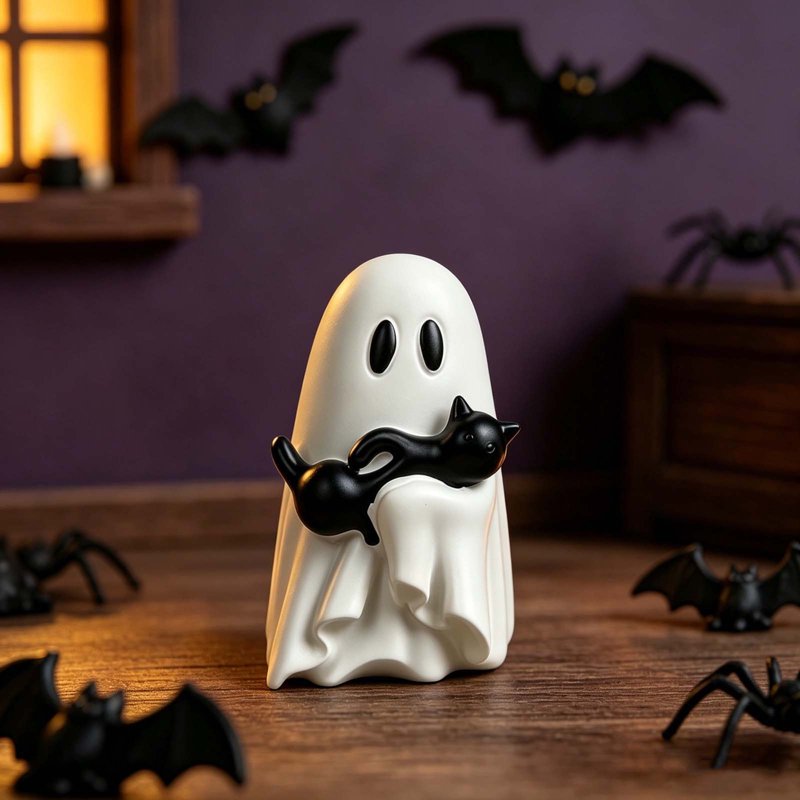 Halloween Ghost Hugging Black Cat Resin Figurine - Mini Desktop Ornament - Variation 13#Halloween