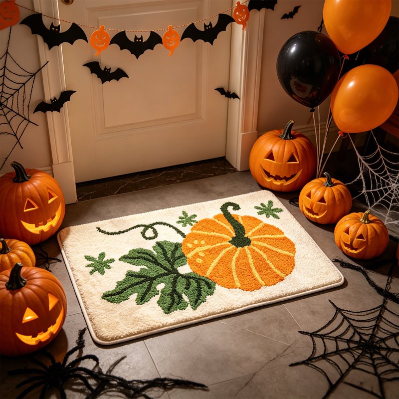 Halloween Pumpkin Bath Mat - Cute Plush Shaggy Rug for Bathroom & Kitchen - Variation C