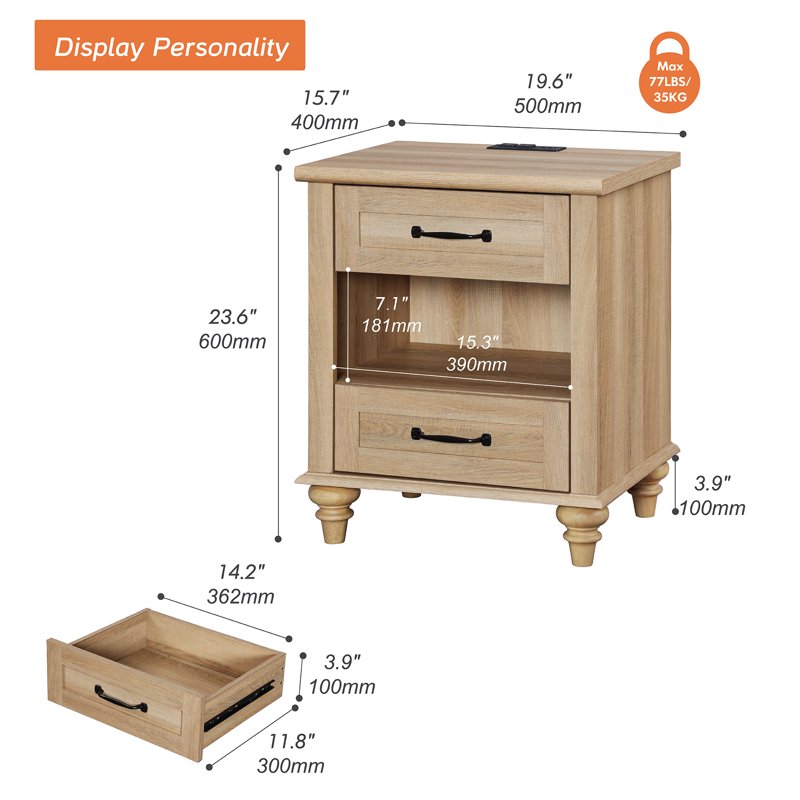 MDF Rectangle End Table with Charging Station - Oak