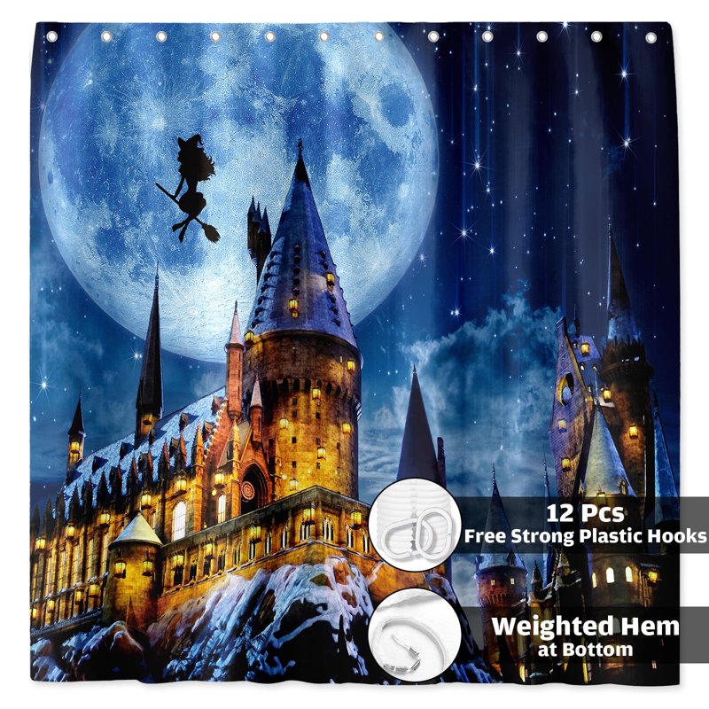 Magical Castle Halloween Shower Curtain Waterproof Bathroom Decor - 72x72 - Blue & Gold - With Flying Witch & Full Moon