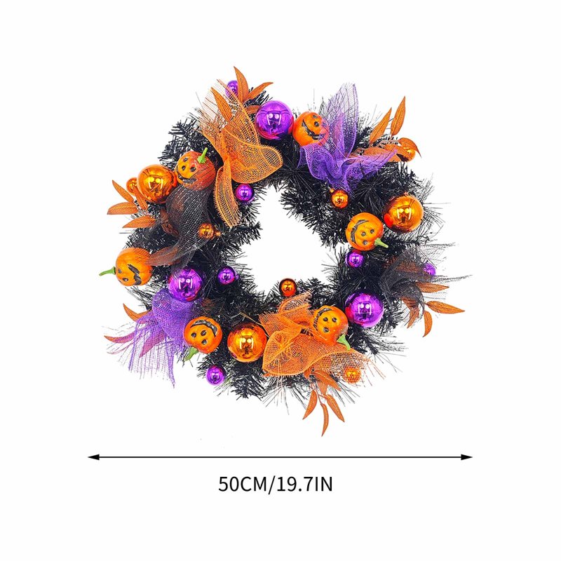 Halloween Jack-O'-Lantern Wreath with Lights - Round Fall Decor for Door or Wall - 19.69 Inch