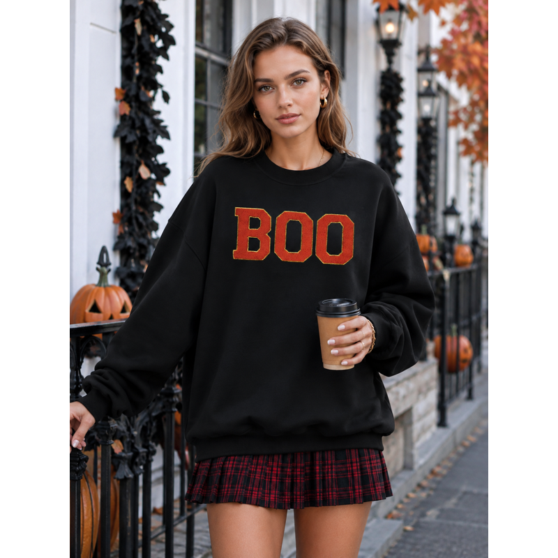 Black XXL Halloween Sweatshirt for Women Boo Embroidered Spooky Season Pullover