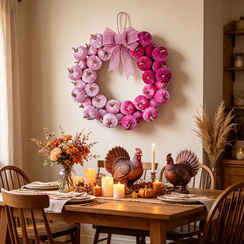Pink Artificial Pumpkin Wreath with Linen Bow Fall Halloween Thanksgiving Door Decor - Deeceymbur Variation