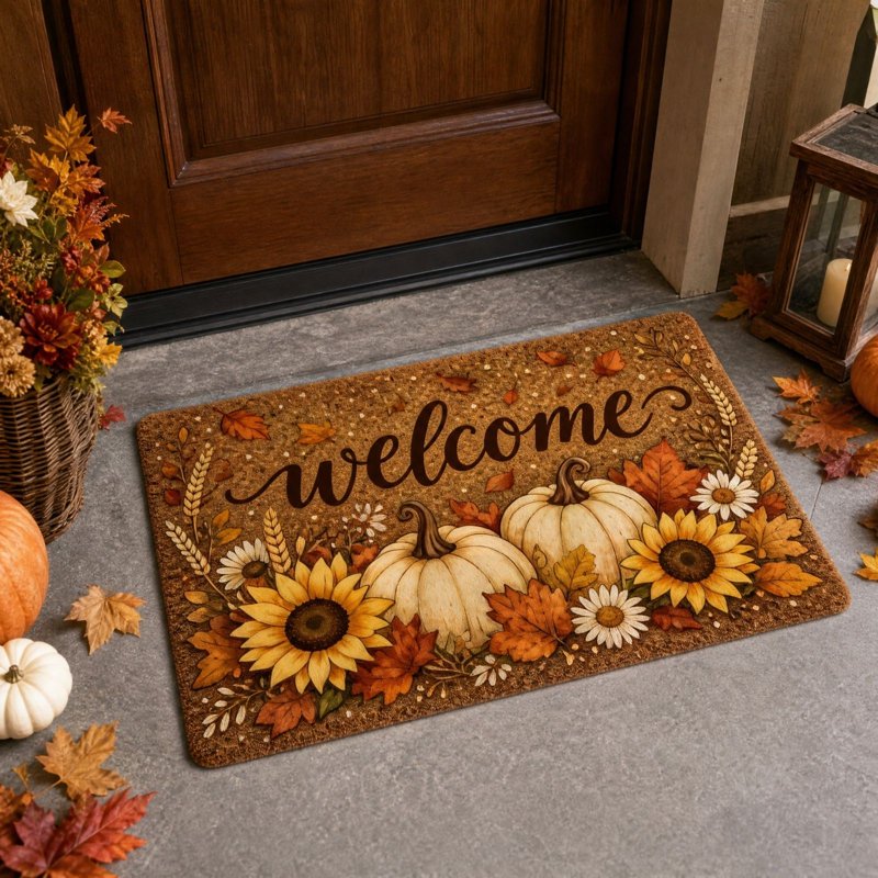 Thanksgiving Doormat with Pumpkin & Sunflowers - Seasonal Front Door Mat, Non-Slip Indoor Outdoor Welcome Rug, 15.8 x 23.6 Inches (A-a)
