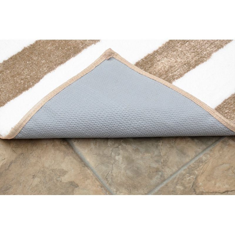 Beach Stripe Washable Bathroom Rug - Tan and White, 21x34 Inches - Non-Slip Backing, Stain-Resistant, Durable