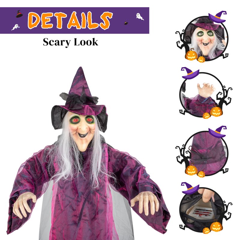 6ft Hanging Witch Animated Halloween Decoration with Screaming & LED Eyes