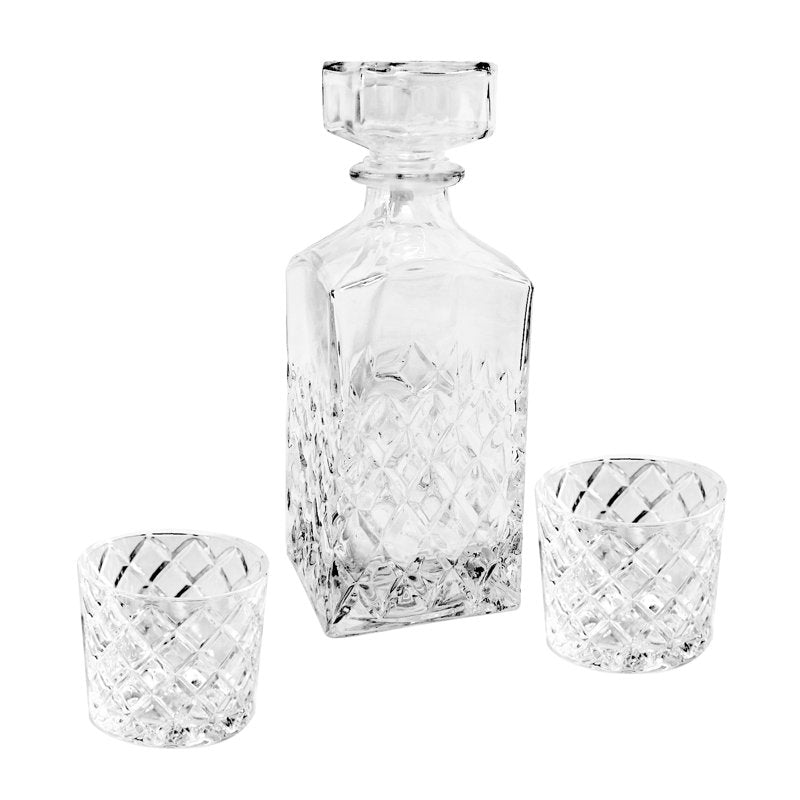 Diamond-Cut Glass Decanter Set with 2 Old Fashioned Glasses - 2 Pack