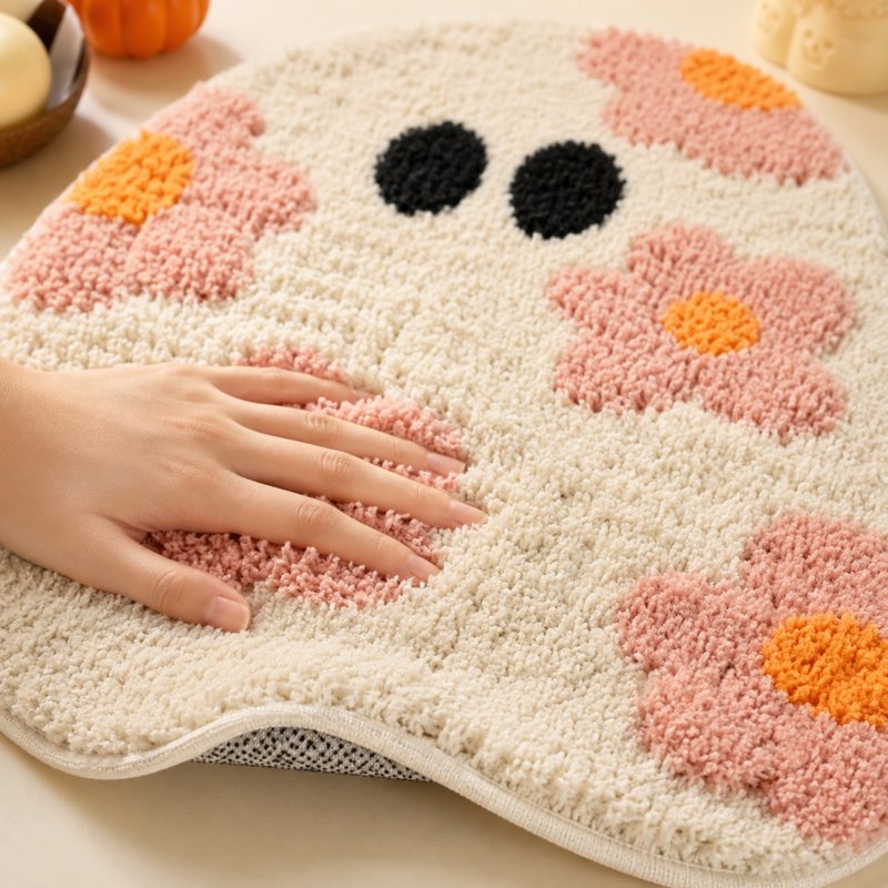 Halloween Pinks Ghost Doormat with Floral Patterns - Indoor Outdoor Rug, 15.7x23.6in