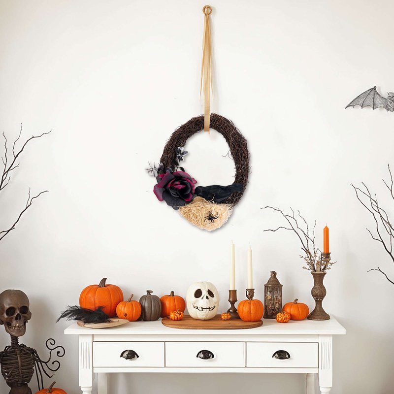 Halloween Wreath with Black Rose, Crow, Spider & Twig - Front Door Decor