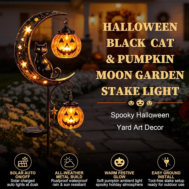 Solar Black Cat & Pumpkin Moon Garden Stake Light - Waterproof Halloween Yard Decor - Variation C