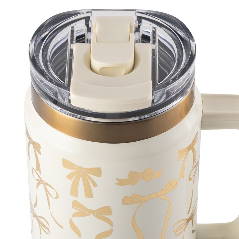 32oz Stainless Steel Tumbler with Handle & Dual Straw Lid - Cream & Gold Bows