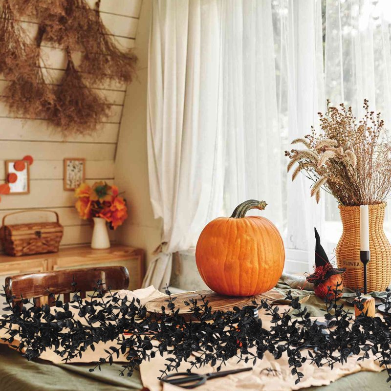 Black Halloween Garland - 6FT Faux Eucalyptus for Party Decor - Variation D