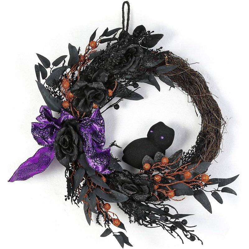 20-Inch Prelit Halloween Wreath with Purple Lights, Spooky Door Decor
