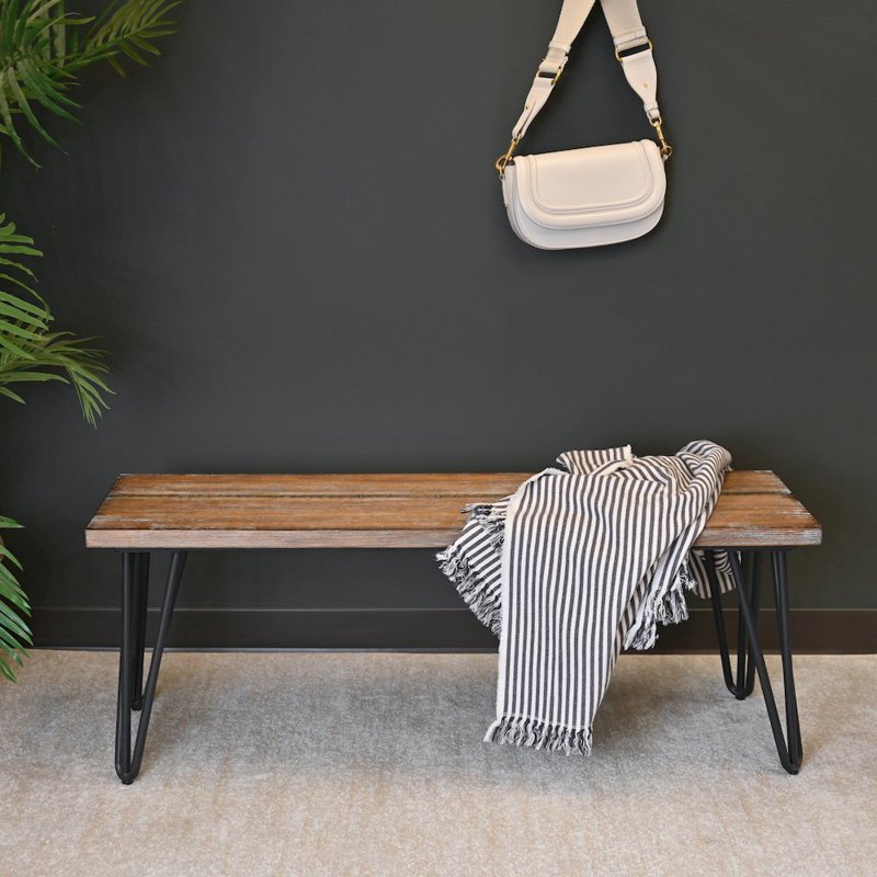 Industrial Wood Dining Bench with Rustic Dark Pine Finish