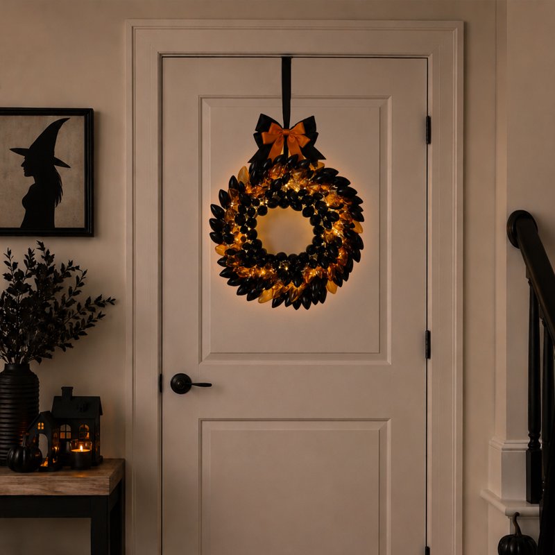 Halloween Decorative Wreath with Retro C9 Bulb Design - Black & Orange, Battery Operated