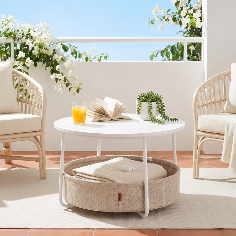 Modern Round Coffee Table with Fabric Storage Basket - White