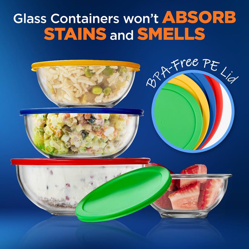 Glass Mixing Bowl Set - 4 Stackable Meal Prep Containers with Locking Lids