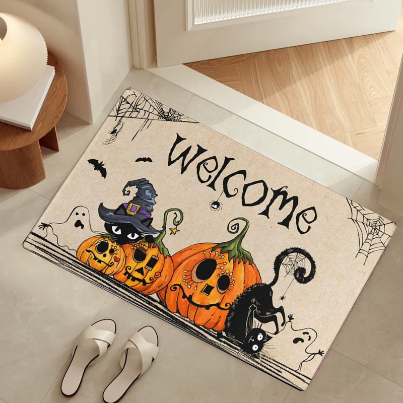 Halloween Cat Doormat with Pumpkin - Layered Fall Outdoor Rug - Variation A