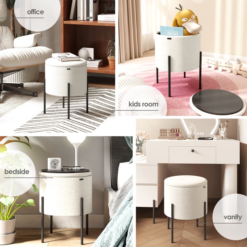 Small Round Ottoman with Storage - Upholstered Foot Stool