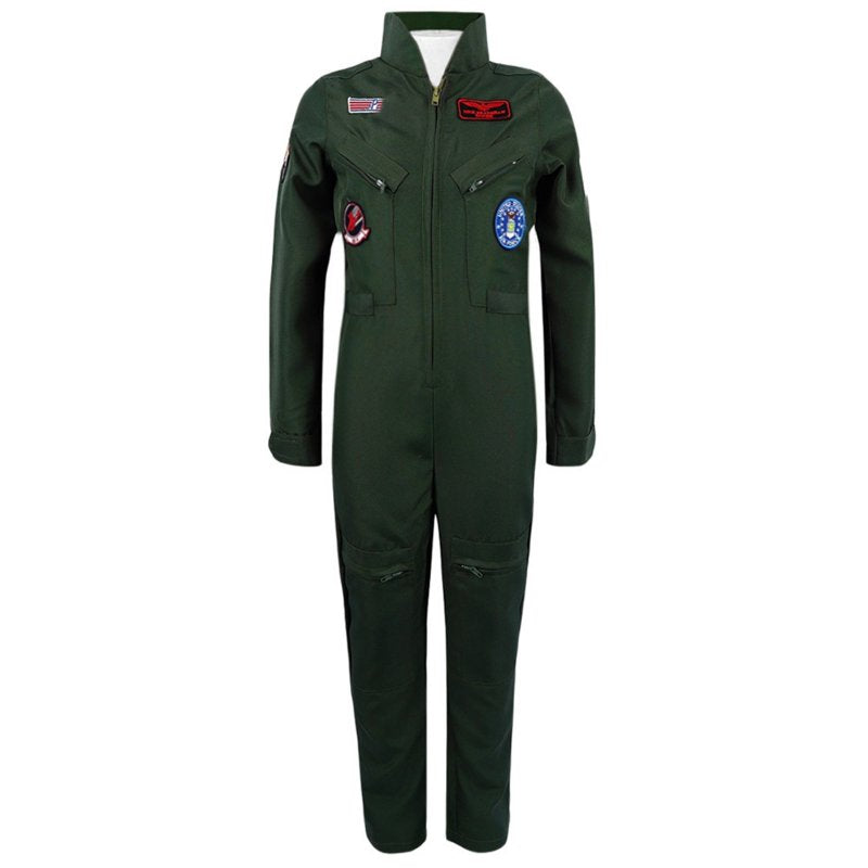 Kids Fighter Pilot Costume Green 7-8 Years Air Force Flight Suit Roleplay Dress Up