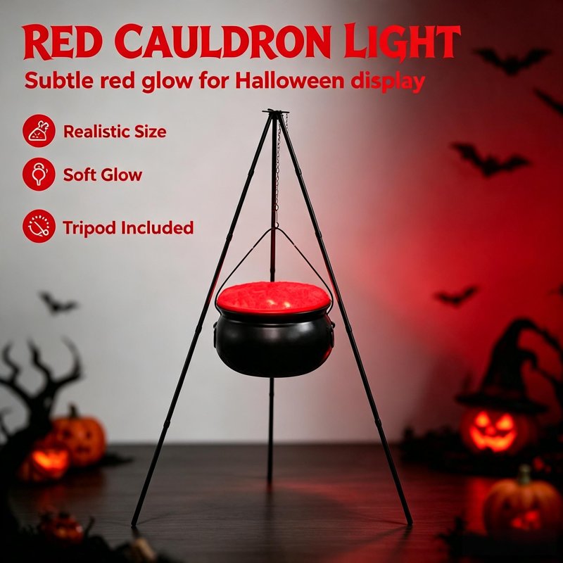Halloween Outdoor Cauldron Decoration with Tripod & Timer Lights - Red 30.4x7.8 Inches - Versatile Yard & Party Decor - Variation: 11-Red, C