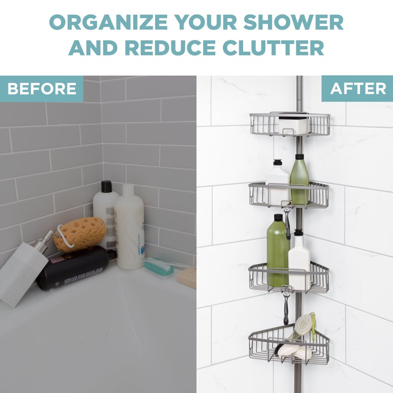 Adjustable Satin Nickel Shower Tension Pole Caddy with 4 Removable Baskets