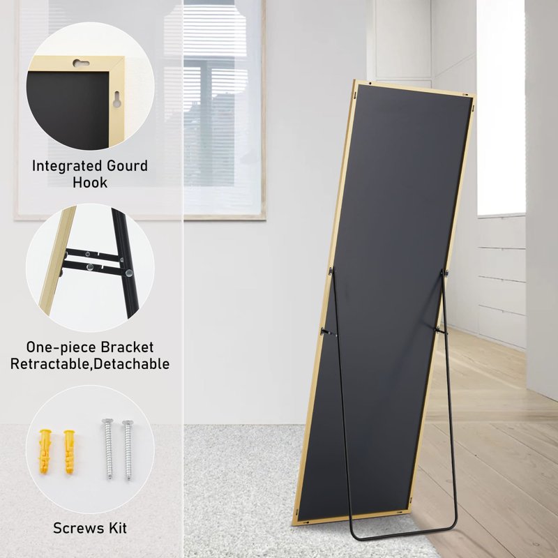 64-Inch Full Length Floor Mirror - Gold Aluminum Frame, Standing & Bracket