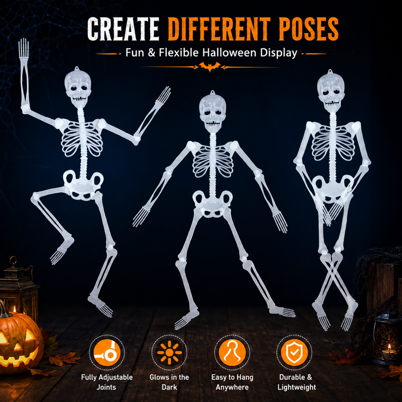 Life Size Luminous Skeleton - 3 ft Poseable Halloween Decor, Glows in Dark