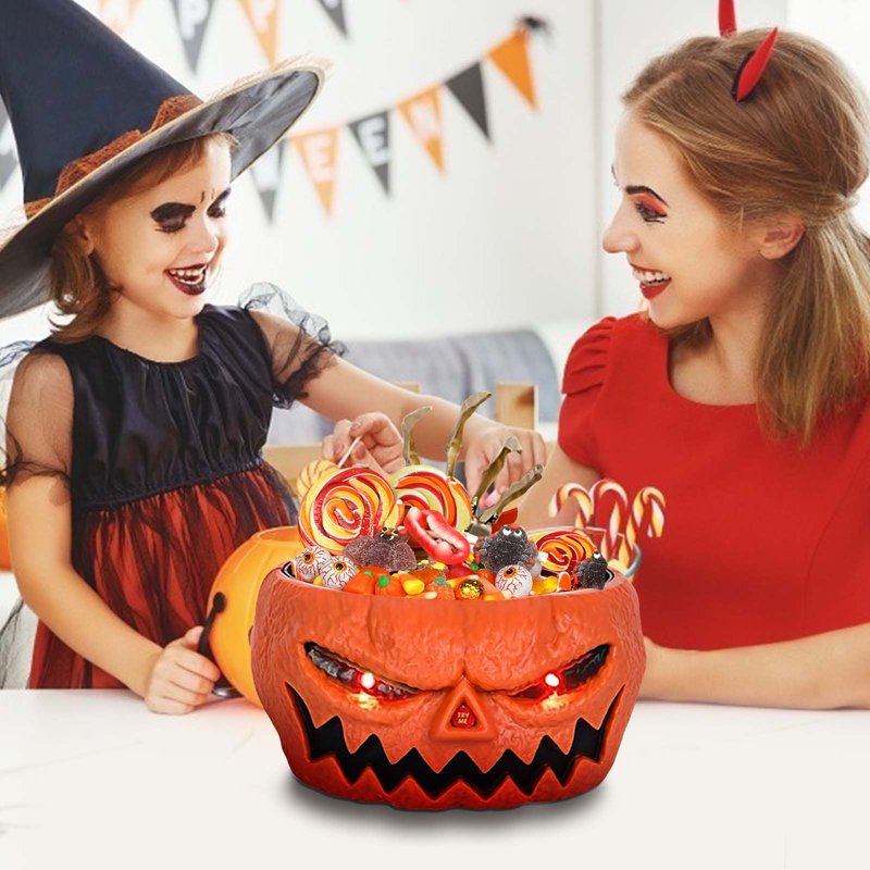 Halloween Candy Bowl Animated Pumpkin with Skeleton Hand & Creepy Sounds - Variation A