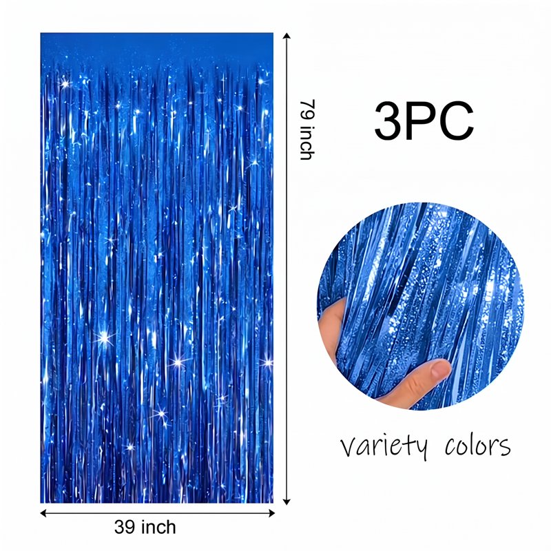 Blue Foil Fringe Curtain 3-Pack for Events - Birthday, Wedding, Party Decorations