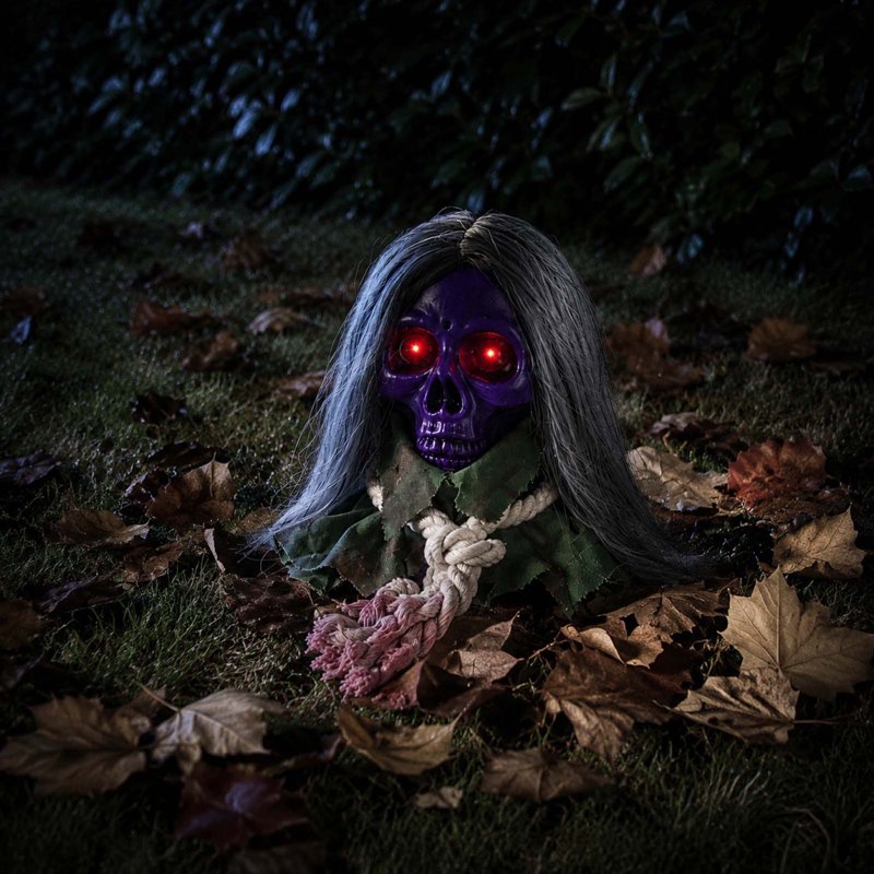 Halloween Moving Skull Head Prop with Long Hair, Creepy Skeleton Decor, Purple Variation