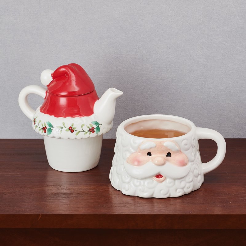 Santa Teacup and Teapot Set - Winterberry Dolomite
