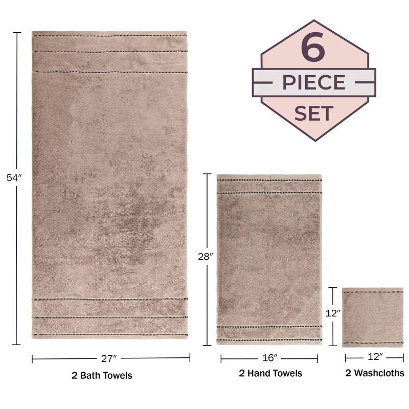 6-Piece Quick Dry Cotton Bath Towel Set with Taupe Accents - Spa & Gym Towels
